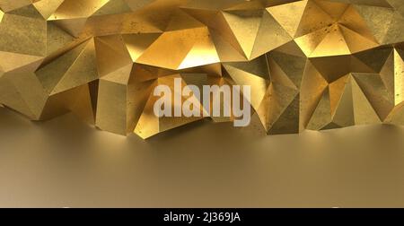 Eine 3D Render abstrakter goldener geometrischer Kristalle. Minimaler Quarz, Stein, Edelsteine. Hintergrund mit geringer Poly-Poly Stockfoto