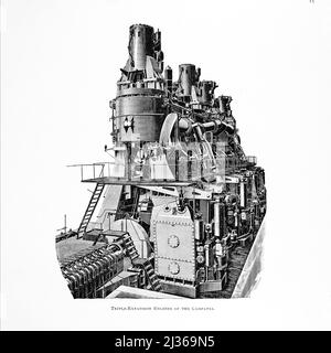 RMS Campania war ein britischer Ozeandampfer im Besitz der Cunard Steamship Line Shipping Company, der von der Fairfield Shipbuilding & Engineering Company aus Govan, Schottland, gebaut und am Donnerstag, dem 8. September 1892, gestartet wurde. Kampanien war in Abmessungen und Spezifikationen identisch mit ihrem Schwesterschiff RMS Lucania und war das größte und schnellste Passagierflugzeug im Jahr 1893, als sie in Dienst ging. Sie überquerte den Atlantik in weniger als sechs Tagen und gewann auf ihrer zweiten Reise 1893 das prestigeträchtige Blue Riband, das zuvor von der Inman Liner SS City of Paris gehalten wurde. Im darauffolgenden Jahr gewann Lucania das Blue Riband A Stockfoto