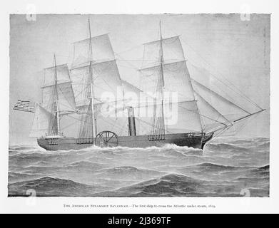 Das Amerikanische Dampfschiff Savannah. Als erstes Schiff, das den Atlantik unter Dampf überquerte, war die 1819 SS Savannah ein amerikanischer Hybrid-Segelschiff/Seitenraddampfer, der 1818 gebaut wurde. Sie war das erste Dampfschiff, das den Atlantik überquerte und von Mai bis Juni 1819 hauptsächlich unter Segelkraft unterwegs war. Trotz dieser historischen Reise hielten der große Raum, den ihr großer Motor und sein Treibstoff auf Kosten der Ladung aufnahm, und die Angst der Öffentlichkeit, ihre revolutionäre Dampfkraft anzunehmen, Savannah davon ab, ein kommerzieller Erfolg als Dampfschiff zu sein. Ursprünglich als Segelpaket festgelegt, folgte sie einer SE Stockfoto