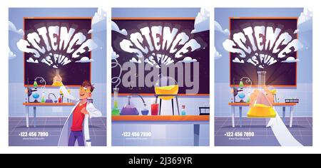 Poster für das Wissenschaftslabor für Studien- und Chemieexperimente für Kinder. Vector Flyer der Bildung Präsentation der wissenschaftlichen Forschung. Cartoon-Illustration Stock Vektor