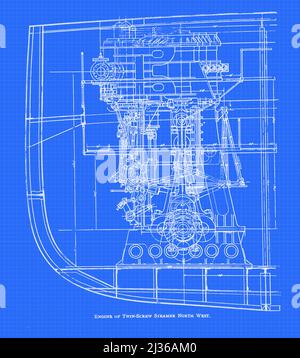 Blaupause des Motors des Doppelschneckendampfers North West. Aus dem Buch ' Dampfschiffe und Schiffsmotoren ' von G. Foster Howell, Verlag New York : American Shipbuilder 1896 Stockfoto