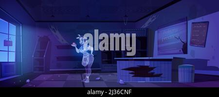 Frau Geist in alten verlassenen Bäckerei in der Nacht. Vektor-Cartoon-Interieur von gespenstischen Bäckerei mit gebrochenen Holztheke, Chaos und Müll. Hallowe Stock Vektor