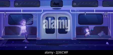 Geister in der U-Bahn, gruselig verlassene U-Bahn-Waggons mit toten Frauen und Kindern, die auf kaputten Sitzen mit Müll herumsitzen. Altes Underground Me Stock Vektor