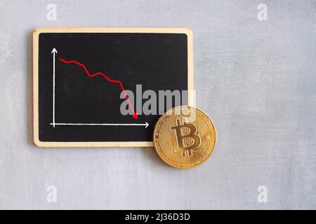 Bitcoin und Diagramm. Bitcoin Kryptowährung Wert Preis fallen, fallen, fallen und Verlust. Stockfoto