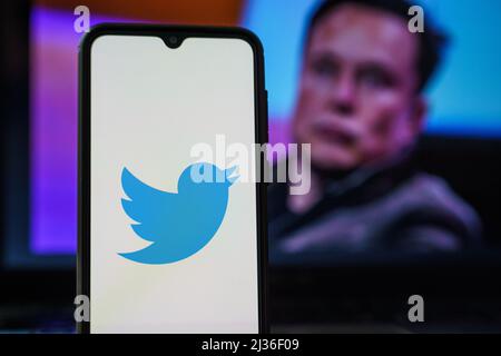 Twitter-Logo auf dem Smartphone und Elon Musk im Hintergrund. Elon Musk tritt dem Twitter-Vorstand bei Stockfoto