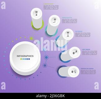 Infografik Sensorvorlage. Symbole in verschiedenen Farben. Einschließlich Wasserqualitätssensor, Flammenmelder, Rauchmelder, Alkoholsensor und andere. Stock Vektor
