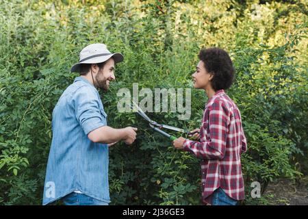 Lächelnde Gärtnerin lehrt afroamerikanische Frau, die mit dem Baumschneider Sträucher schneidet Stockfoto