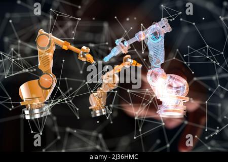 Ein 3D von Industrie 4,0 Concept Roboterarm im Smart Factory Hintergrund auf digitalem Neuronalem Netzwerk Stockfoto