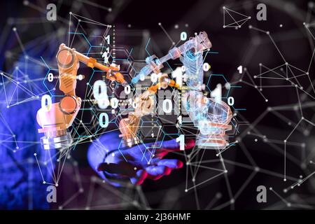 Ein 3D von Industrie 4,0 Concept Roboterarm im Smart Factory Hintergrund auf digitalem Neuronalem Netzwerk Stockfoto