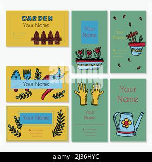 Vector Gartenarbeit Doodle Visitenkarten. Cartoon Hand gezeichnet isoliert Design Gartenbau Elemente. Frühlingsset für Garten- und Blumenanbau. Skizze von Stock Vektor