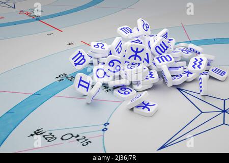 Ein Haufen weißer Kacheln mit blauen Symbolen von Tierkreiszeichen auf einem astrologischen Diagramm. Stockfoto