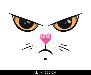 Lustige böse Katze Gesicht mit einem rosa Herz Nase, Doodle Stil Vektor-Porträt. Stock Vektor
