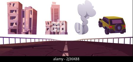 Zerstörte Stadtgebäude, alte rissige Straße, Rauchwolken und Auto isoliert auf weißem Hintergrund. Vektor-Cartoon-Set von verlassenen gebrochenen Häusern nach dem Krieg Stock Vektor