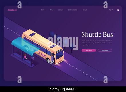 Isometrische Landing Page des Shuttle-Busses. Personenverkehr Pendlerservice. Mann, der in den gelben Autobus einfährt, Frau, die auf der Haltestelle sitzt. Stadtverkehr, Stock Vektor