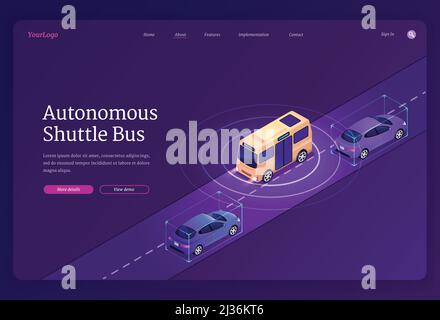 Autonomer Shuttle Bus Banner. Konzept des zukünftigen Smart City Verkehrs, fahrerlose Elektrofahrzeuge. Vektor Landing Page des automatisierten öffentlichen Verkehrs Stock Vektor