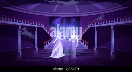 Alte Schlosshalle mit Geistern Paar tanzen in der Dunkelheit. Gruseliges Nachtzimmer mit Marmortreppen und Spinnennetz. Verlassene Palast Innenraum, halloween gruselige s Stock Vektor