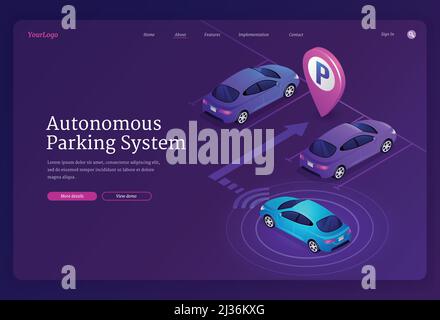 Isometrische Landing Page des autonomen Parksystems. Selbstfahrendes Smart-Auto mit Scan- und Radartechnologie parken automatisch auf leerstehenden Platz, futuristisch Stock Vektor