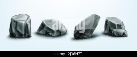 Bergsteine, Steine oder Felsbrocken natürliche Elemente für Design, geologische Materialien mit realistischer Textur. Felsige Stücke unterschiedlicher Form isoliert Stock Vektor