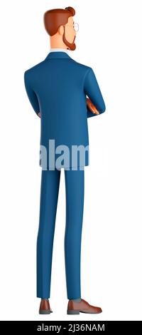 3D Illustration eines lächelnden Mannes. Cartoon-Rückansicht eines lächelnden Geschäftsmannes Stockfoto