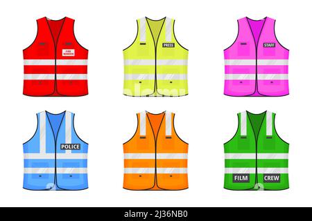 Reflektierende Warnweste mit flachem Label-Design, Vektor-Illustration-Set. Fluoreszierende Sicherheits-Arbeitsjacke in verschiedenen Farben mit reflektierender str Stock Vektor