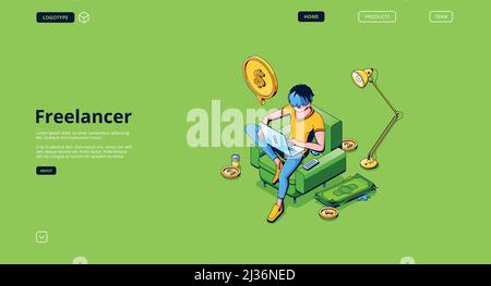 Banner für Freiberufler. Konzept der Arbeit im Heimbüro, Remote-Mitarbeiter, Online-Geschäft. Vektor Landing Page von Freelance mit isometrischer Darstellung von m Stock Vektor