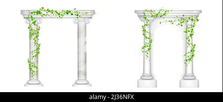 altgriechischer Bogen mit weißen Marmorsäulen und Efeu-Reben mit grünen Blättern. Vektor realistische Satz von 3d antiken römischen Säulen mit Kletterpflanzen isolat Stock Vektor