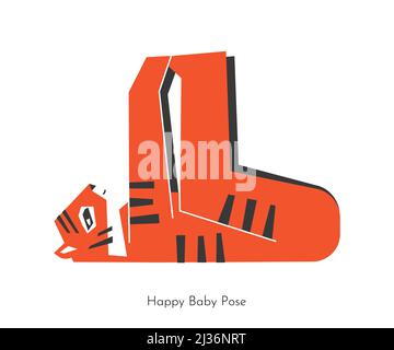Vector isoliertes Konzept mit Cartoon Flat Animal Learning Yoga Practice - Ananda Balasana. Asiatische Tiger tut glücklich Baby Pose. Geometrische Abbildung wi Stock Vektor