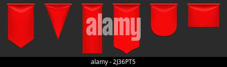 Rote Wimpelfahnen-Mockup, leere, hängende Banner mit abgerundeten, spitzen und geraden Kanten. Mittelalterliche heraldische Fähnchen-Vorlage, scharlachrote Leinwand. Realistisch Stock Vektor