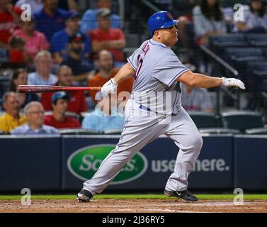 Atlanta, USA. 10. September 2015. Bartolo Colon der New Yorker Mets trifft am Donnerstag, den 10. September 2015, im Turner Field in Atlanta eine RBI-Single gegen die Atlanta Braves. (Foto von Curtis Compton/Atlanta Journal-Constitution/TNS/Sipa USA) Quelle: SIPA USA/Alamy Live News Stockfoto