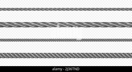 Metall-Hawser, Seil, Stahlseil in verschiedenen Größen, silberfarbene verdrehte Kabel oder Saiten. Dekorative Nähgegenstände oder Industrieobjekte isoliert auf Stock Vektor