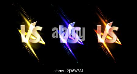 Versus VS-Zeichen mit Leuchten und Funken, Spiel- oder Sportkonfrontationssymbole auf schwarzem Hintergrund mit leuchtenden Funken. Kampfkünste Kampf, Kampf, Kampf Stock Vektor