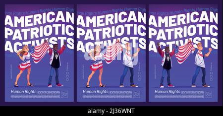 Poster amerikanischer patriotischer Aktivisten mit Menschen, die die US-Flagge halten. Vektor-Flyer mit Cartoon-Illustration von Frau und afroamerikanischem Mann auf Dämonst Stock Vektor