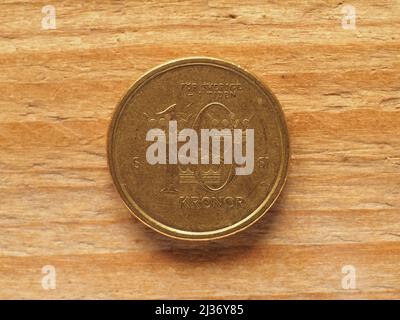 Währung von Schweden, zehn Kronen-Münze umgekehrt Stockfoto