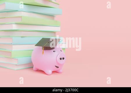 3D Illustration eines lächelnden Sparschweines in der Abschlusskappe in der Nähe von Bücherstapel für das Konzept des Sparens von Geld und Bildung isoliert auf hellrosa Hintergrund Stockfoto