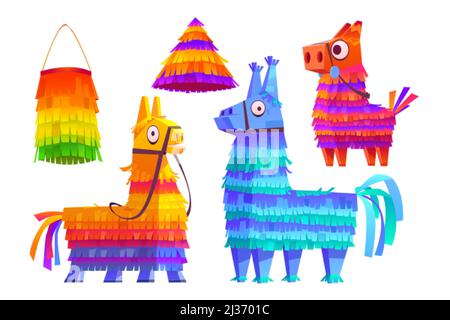 Mexikanische Pinatas Esel und Lama, bunte Spielzeug mit Leckereien für Kindergeburtstag, Party-Feier, Karneval oder Fiesta, niedliche Tiere Papierbehälter f Stock Vektor