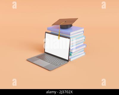 3D Illustration eines modernen Laptops mit leerem Bildschirm in der Nähe eines Bücherstapels mit Graduierungskappe auf beigem Hintergrund Stockfoto