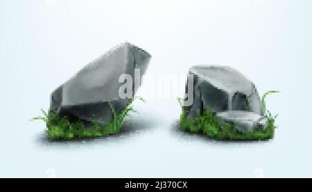 Steine und Teile mit gesprungener Textur im Gras. Vector realistische Set von 3d Granitfelsen auf grünem Rasen, grau solide Bergkies mit smoo Stock Vektor