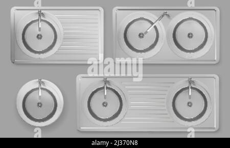 Edelstahlwaschbecken mit Wasserhähnen in der Draufsicht. Vector realistisches Set von leeren runden Stahl-Waschschüsseln mit Wasserhähnen, Abfluss und Utensil-Abtropffläche. 3d doppelt Stock Vektor