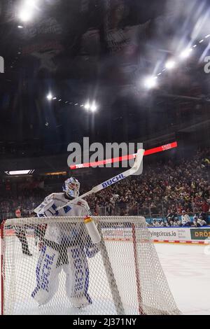 KÖLN, DEUTSCHLAND - 5. APRIL 2022: Eishockey-Play-off-Spiel DEL Kölner Haie - ERC Ingolstadt Stockfoto