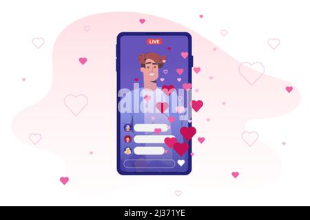 Flacher Mann Blogger sendet Live-Stream. Influencer streamen in sozialen Netzwerken über Smartphone-App mit „Flying Like“-Reaktion und Zuschauern kommentieren. Online-Video-Chat mit Followern und Herzsymbolen. Stock Vektor