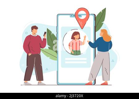 Eltern überwachen den Aufenthaltsort ihres Kindes online mit der Anwendung zur Ortungsverfolgung auf dem Mobiltelefon. Vater überprüft den Standort der Tochter mit dem Smartphone. Kindersicherung und Kindersicherheitskonzept. Stock Vektor