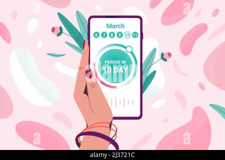 Flacher Tracker der Menstruationszeit im Kalender. Frau Hand hält Handy, um die Menstruationszyklen zu verfolgen. Mädchen überwacht den Eisprung oder die Schwangerschaftsdauer, indem sie die App auf dem Smartphone-Bildschirm verfolgt. Stock Vektor