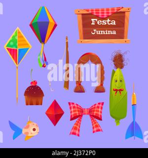 Festa Junina Set mit Mais, heller Papierlaterne, Kuchen und Dartpfeil. Vektor Cartoon traditionelle Karnevalsausrüstung am Juni brasilianische Party, Bogen, Perücke mit Stock Vektor