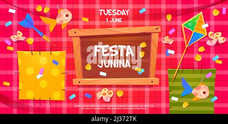 Festa Junina Cartoon Flyer, Einladung zur Party mit festlichen Elementen Drachen, Konfetti, Fischspielzeug und Darts mit Blumen auf karierten gepatchten Tischdecke Stock Vektor
