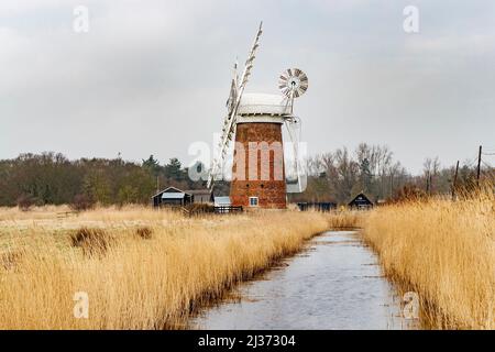 Horsey Windpump ist eine der größten Windpumpen auf den Norfolk Broads, die Struktur ist ein denkmalgeschütztes Gebäude der Klasse II. East Anglia, England, Großbritannien. Stockfoto