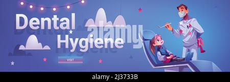 Banner zur Dentalhygiene. Konzept der Zahnbehandlung und -Pflege. Vektor-Landing-Page mit Cartoon-Illustration von Zahnarzt und Kinderpatient in der Stomatologie Stock Vektor