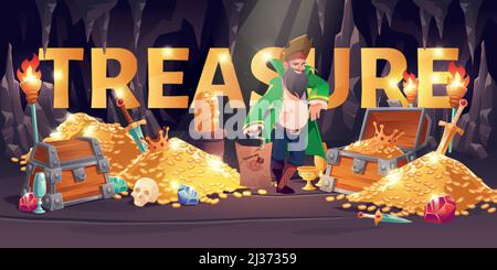Schatzkartonbanner mit Piraten in Höhle mit Truhe, Goldstapeln, Edelsteinen und Schmuck, bärtig lächelnder Filibuster-Kapitän mit Hakenhand und Holz Stock Vektor