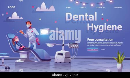 Banner zur Dentalhygiene. Konzept der Zahnbehandlung und -Pflege. Vektor-Landing-Page mit Cartoon-Illustration von Zahnarzt und Kinderpatient in der Stomatologie Stock Vektor
