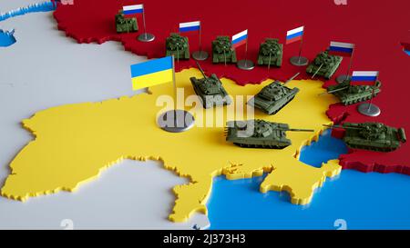 3D Darstellung von Spielzeug ukrainischen Karten Kampf und Verteidigung von russischen Panzern auf der Karte. Konzept von Kriegskonflikt, Invasion, militärischer Aggression, politisch Stockfoto