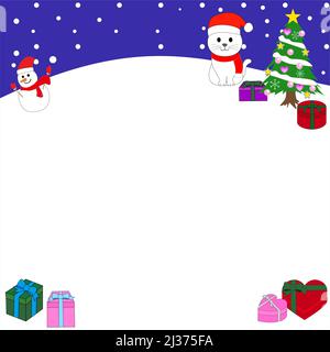 Weihnachtskarte mit weißen Katzen, Geschenkschachteln, einem Schneemann und einem Baum unter Schnee. Stockfoto